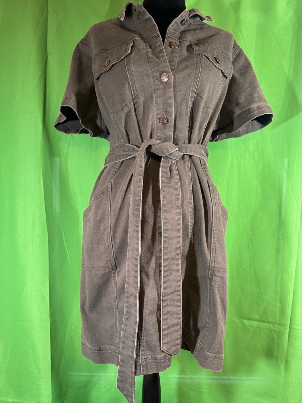 Terra & Sky Short-Sleeve Utility Midi Dress in Olive